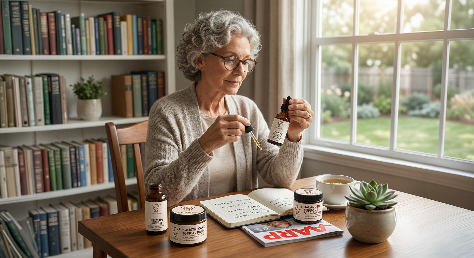 Older adult using a The Hi-Line Co CBD tincture at a wooden table with topical balm, CBD/CBG capsules, tea, a succulent, handwritten wellness notes, and an AARP magazine in a sunlit room.