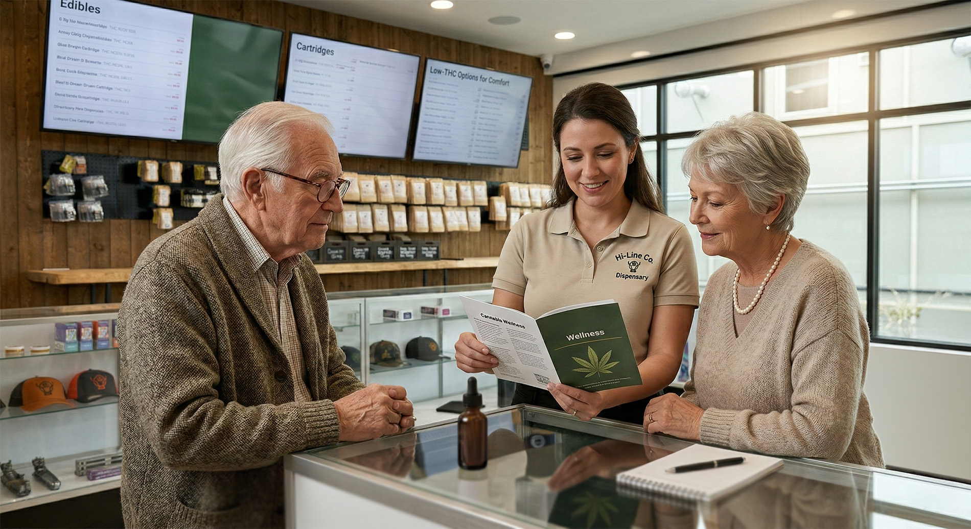 Dispensary staff member showing a Wellness brochure to two older adults inside a well‑lit shop with product displays and digital menus for edibles, cartridges, and low‑THC options.
