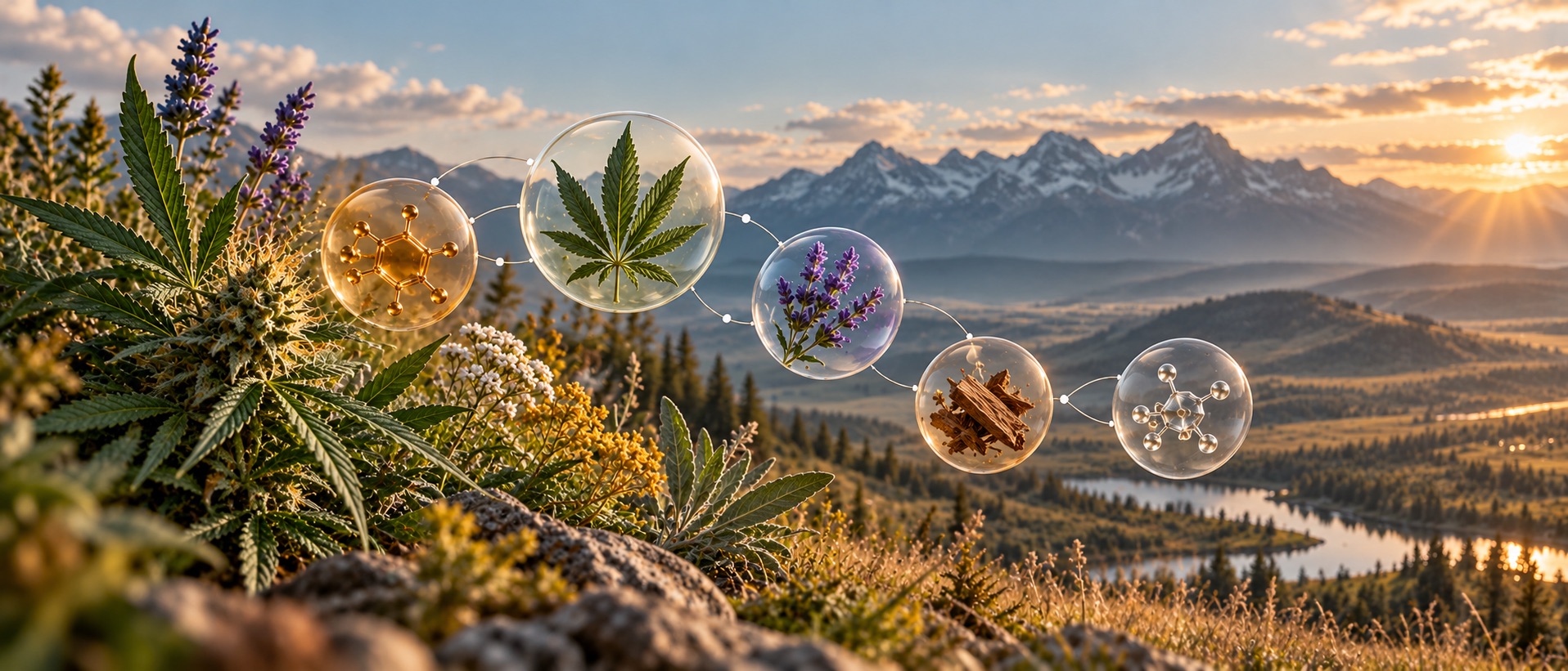 Conceptual illustration of the entourage effect, showing cannabis leaves, flowers, and molecular symbols connected by flowing light over a Montana-inspired mountain valley.