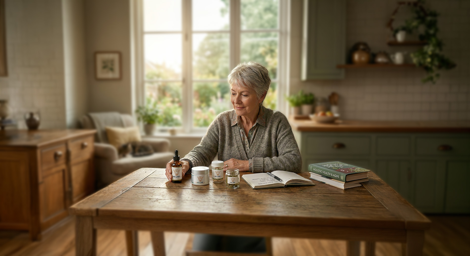 Older woman examining The Hi-Line Co CBD oil, arthritis relief cream, multi‑herb capsules, and a flower extract while seated at a kitchen table with a notebook titled Natural Remedies for Joint Pain and a book on holistic health.