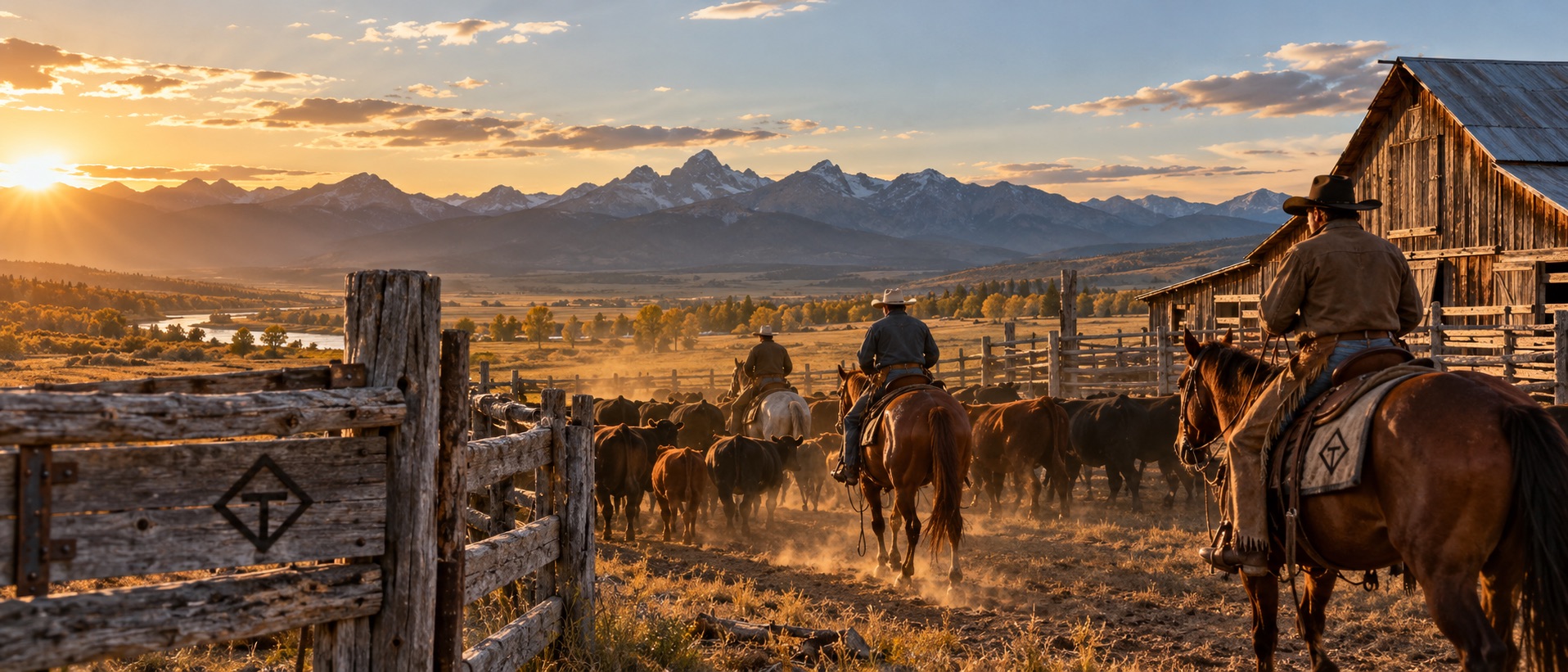 Cowboys on horseback guide cattle through a Montana ranch at sunset, with a weathered barn, wooden fencing, open pasture, and rugged mountains in the distance.