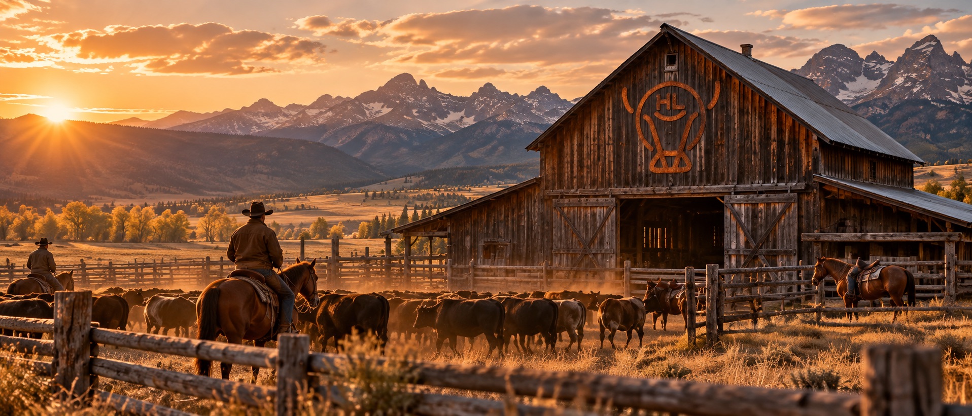 Photorealistic panoramic view of a Montana ranch at sunset, with cowboys on horseback moving cattle in front of a large weathered barn displaying the Hi-Line brand, set against a rugged mountain backdrop.