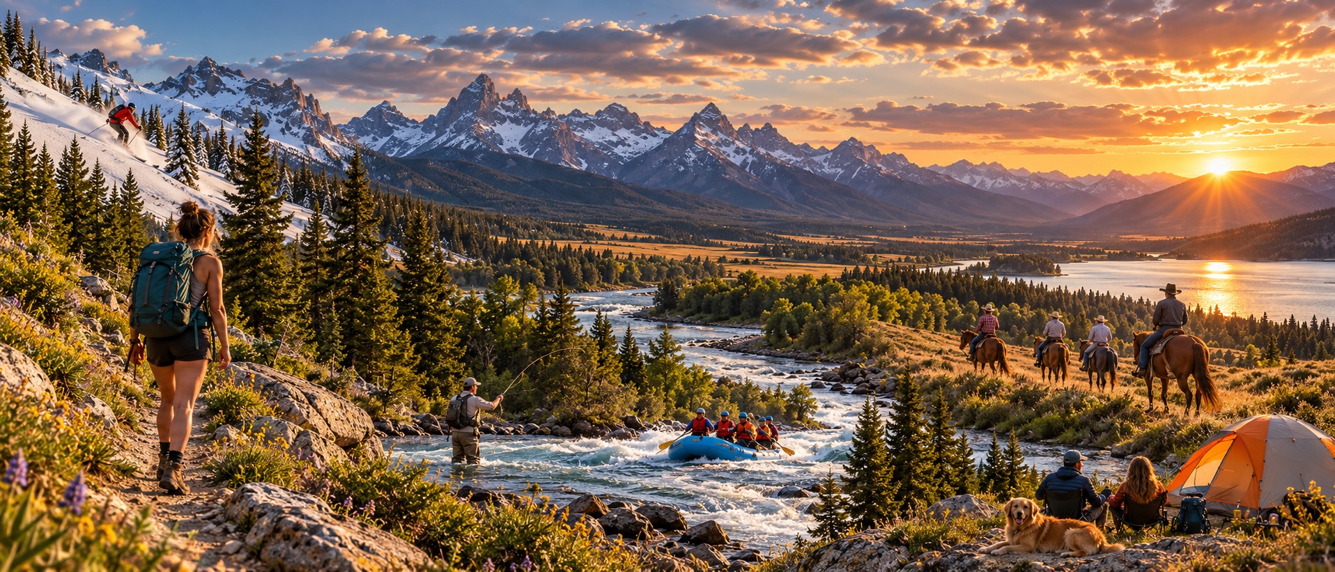 Panoramic collage of Montana outdoor activities, showing hiking, skiing, fly fishing, rafting, horseback riding, and campers with a dog among mountains, forests, and waterways at sunset.