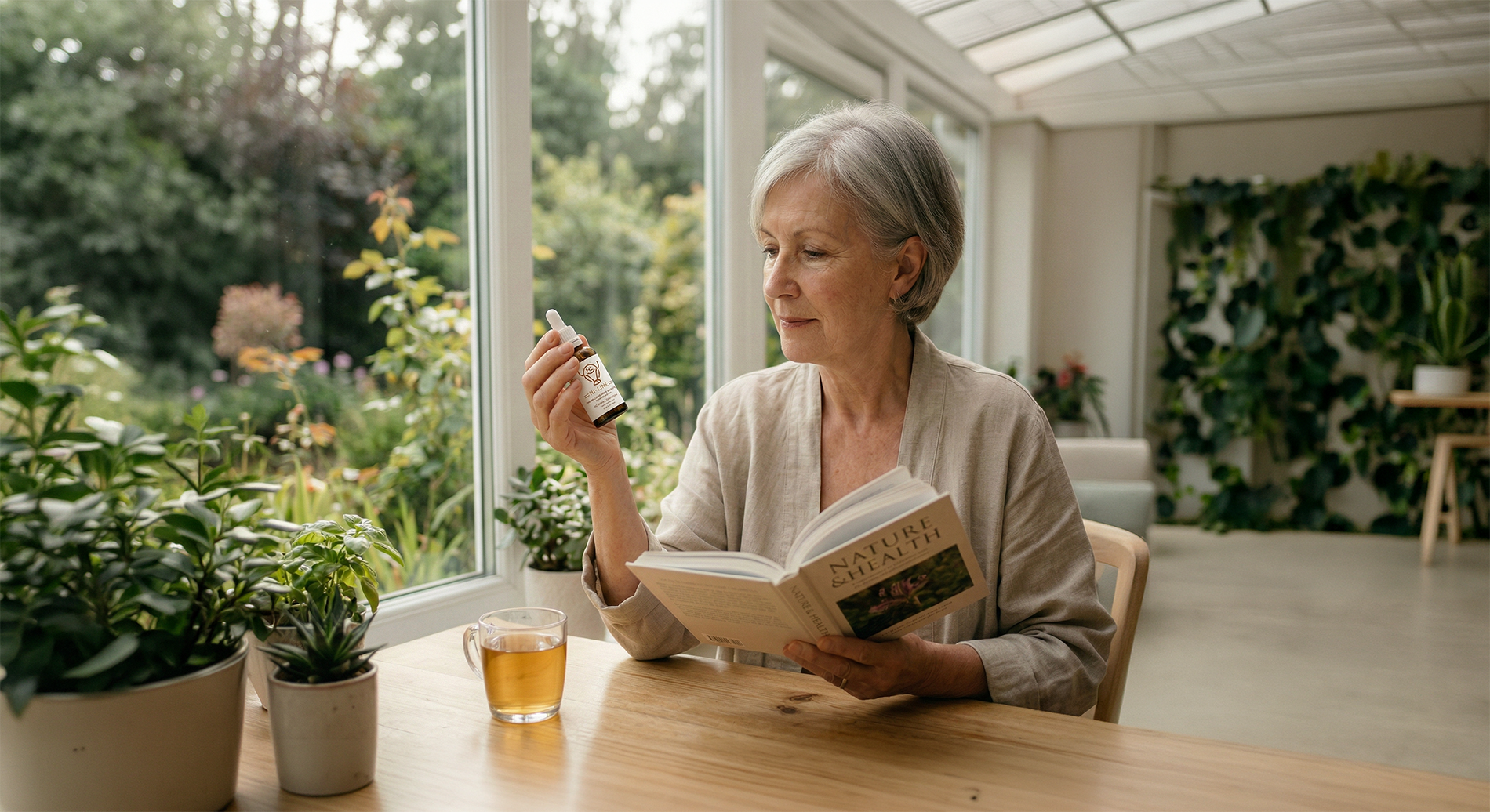 Older adult sitting at a wooden table in a bright, plant‑filled room, examining a small dropper bottle while reading a book titled Nature & Health, with tea and potted plants nearby.