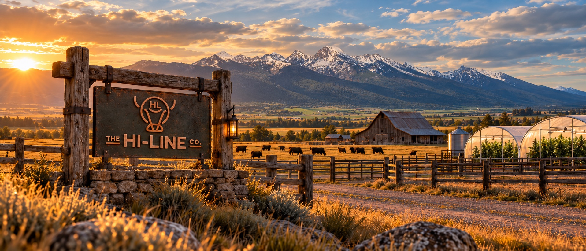 Panoramic Montana ranch scene at golden hour featuring a Hi-Line Co. sign, cattle, a rustic barn, rounded hoop houses with cannabis plants, and the snow-capped Mission Mountains near Ronan in the background.
