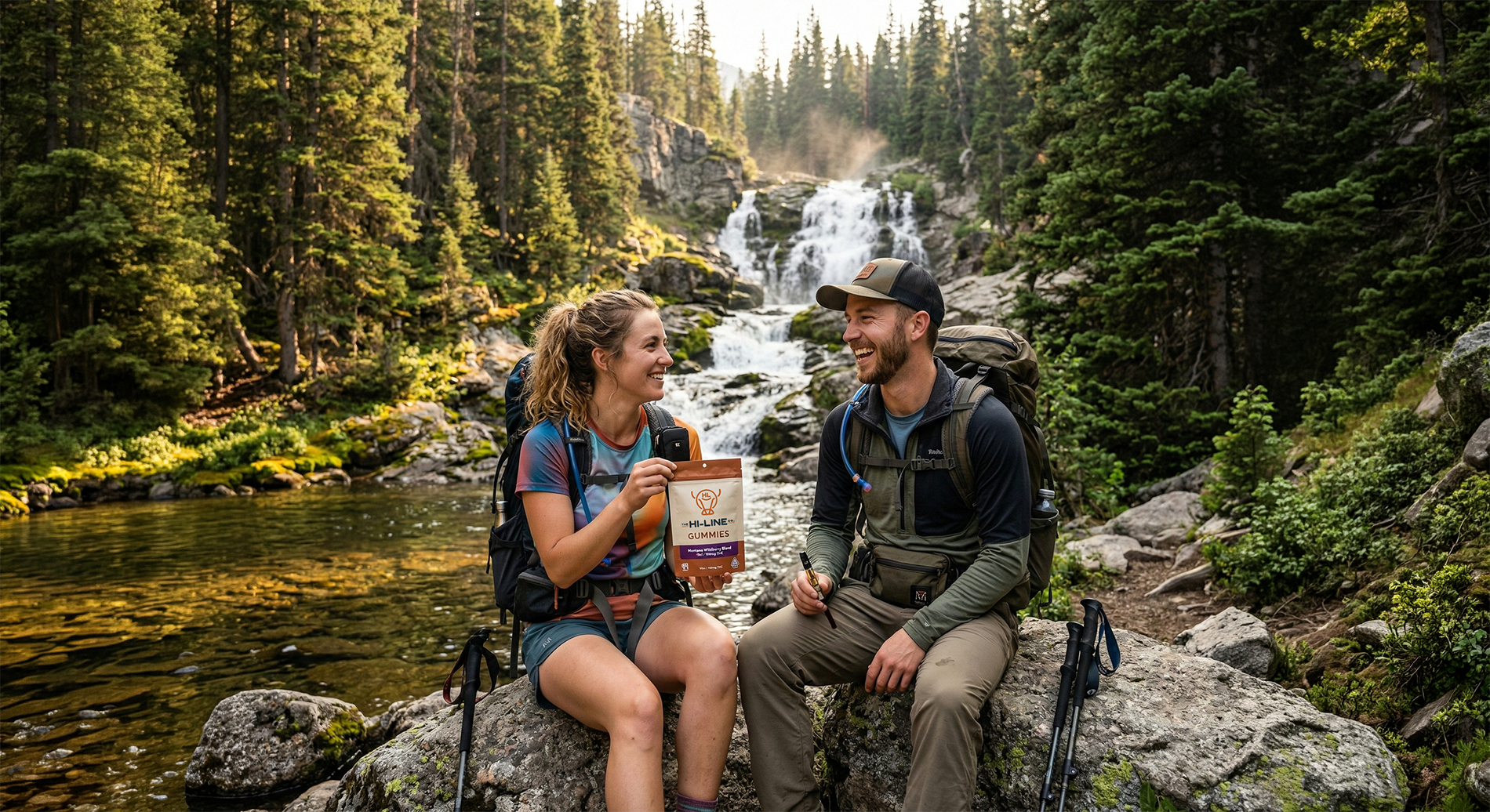 Two hikers resting on rocks in front of a forest waterfall, with one holding a package of The Hi‑Line Co gummies while the other holds a vape pen, surrounded by backpacks and outdoor gear.