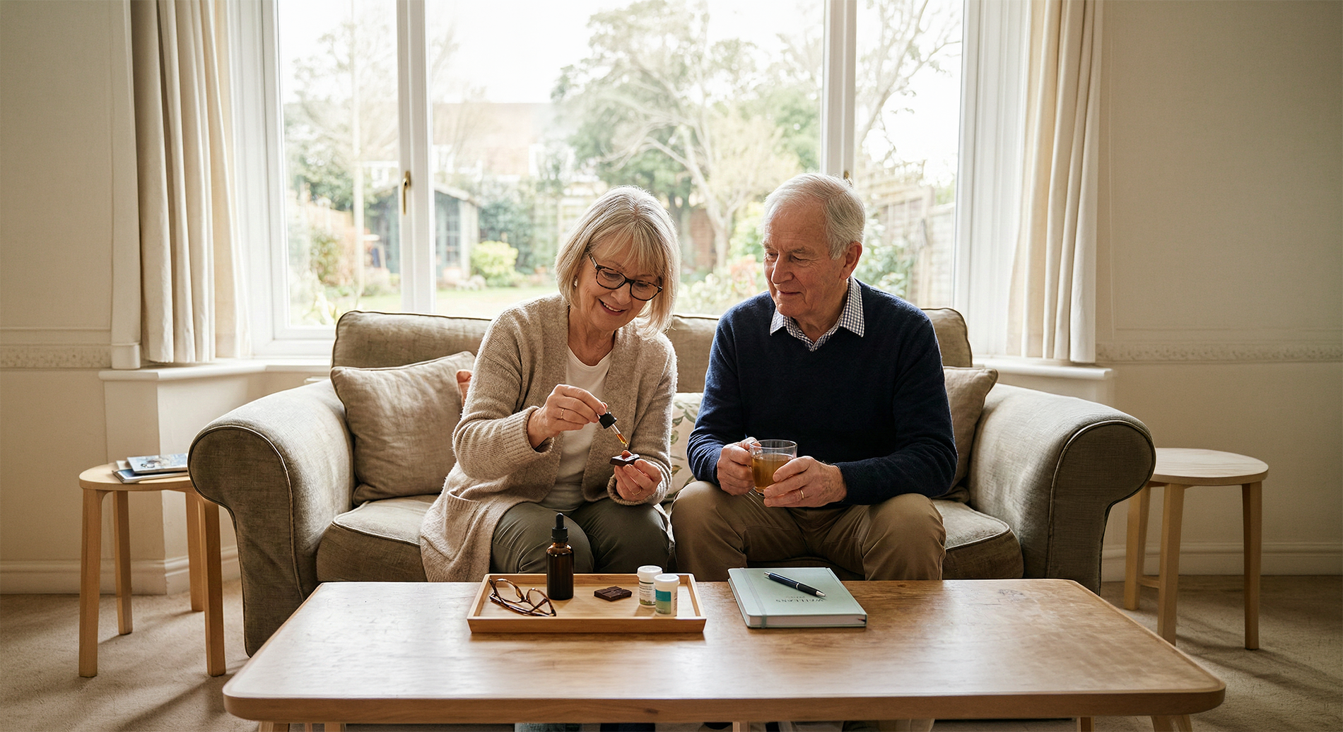 Older couple sitting together on a couch as one applies a dropper of tincture onto a piece of chocolate, with wellness items and a warm drink on the coffee table.