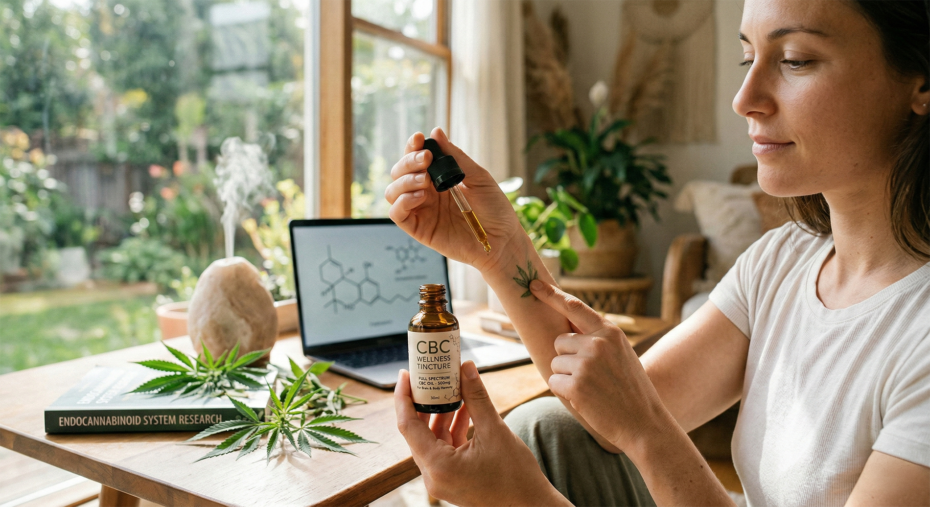 Applying a full spectrum CBC wellness tincture to the wrist in a natural, research-focused setting.