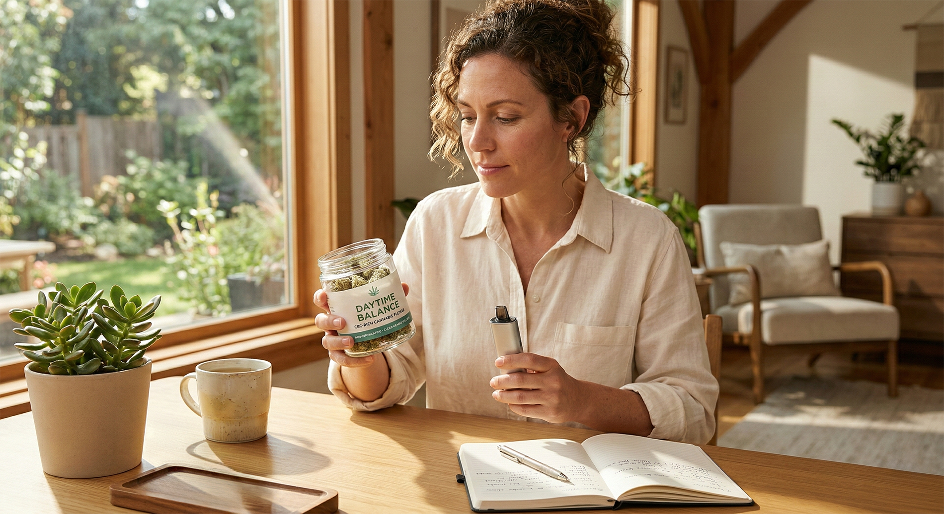 CBC-rich cannabis flower labeled Daytime Balance held alongside a vaporizer in a calm home environment.