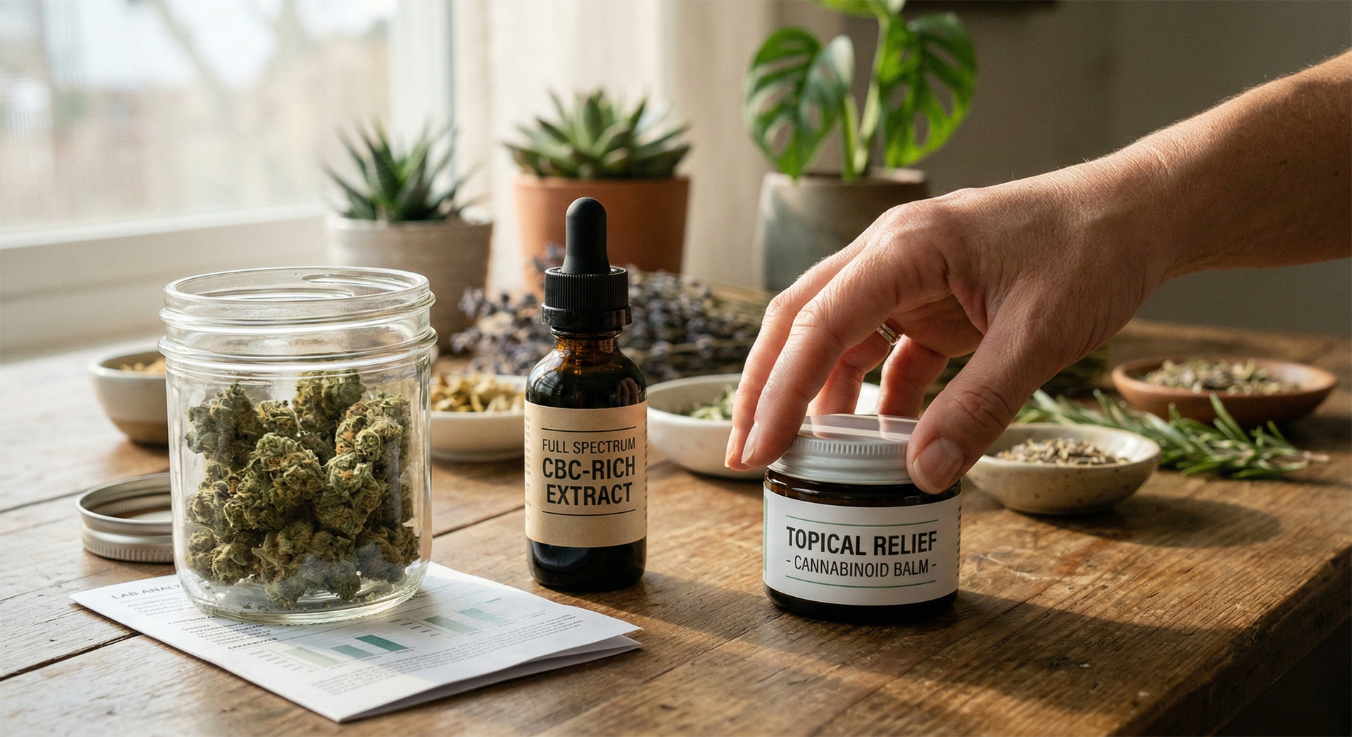 Full spectrum CBC-rich extract and topical cannabinoid balm displayed with natural herbs and plants.