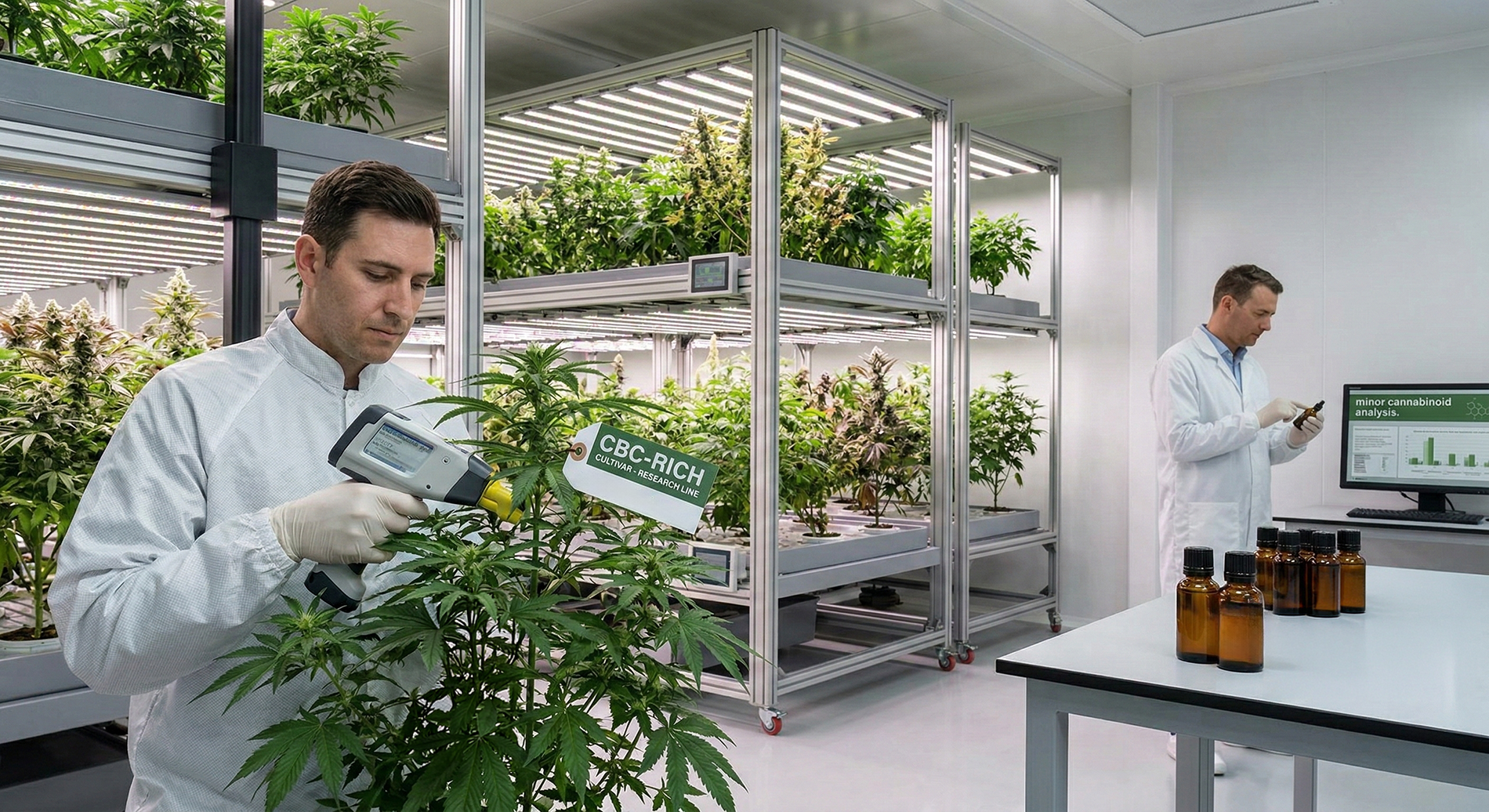 Researchers analyzing CBC-rich cannabis cultivars in a controlled laboratory research environment.