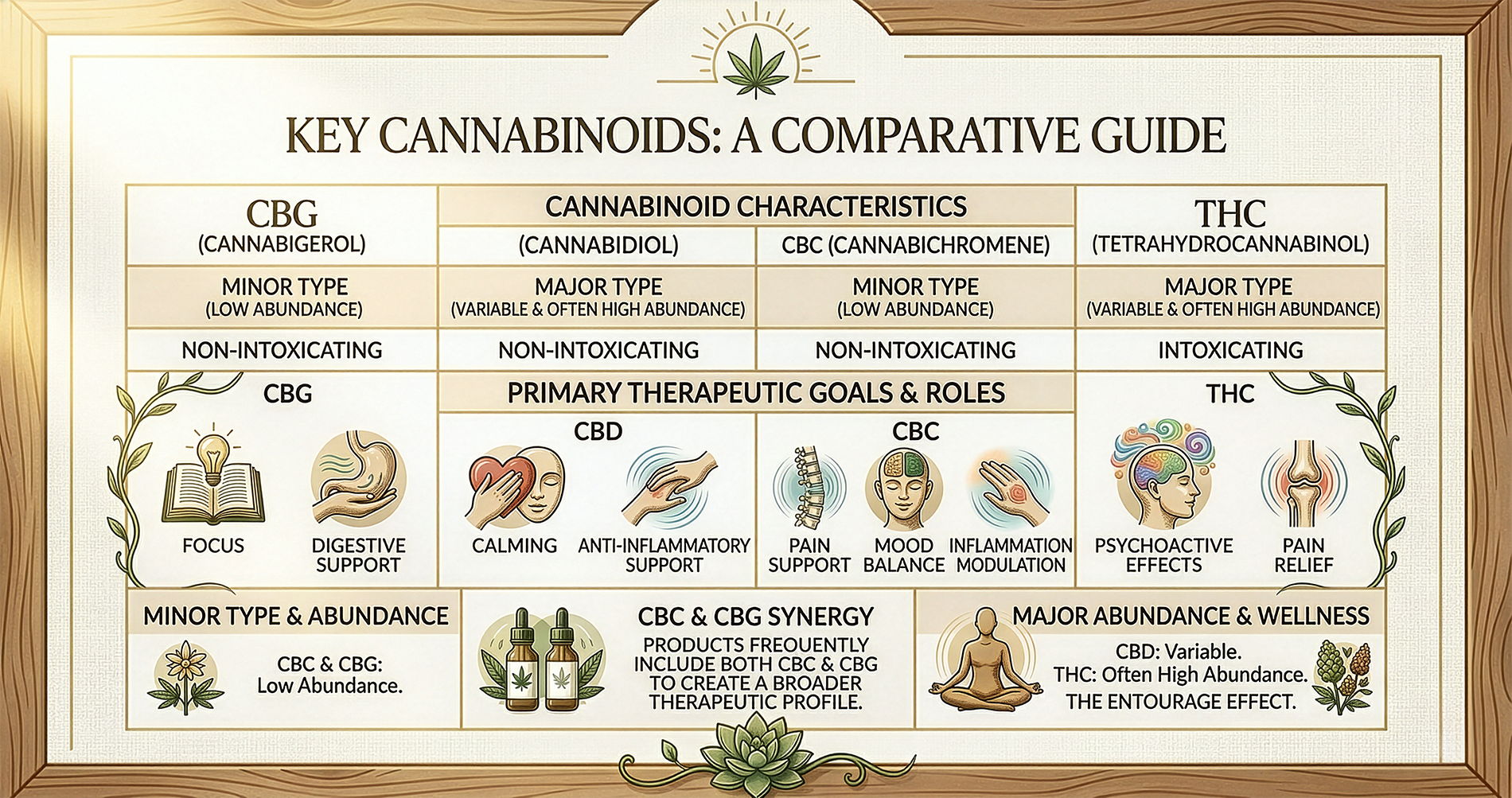 Comparative guide showing differences between CBG, CBD, CBC, and THC, including abundance, intoxicating effects, and primary wellness roles.