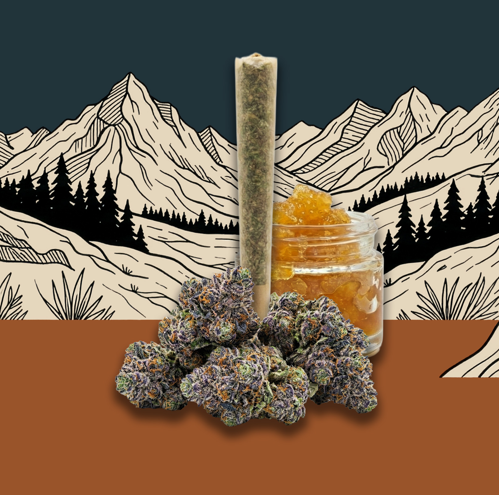 Flower and Distillates - Line Drawn Panoramic Mountainscape