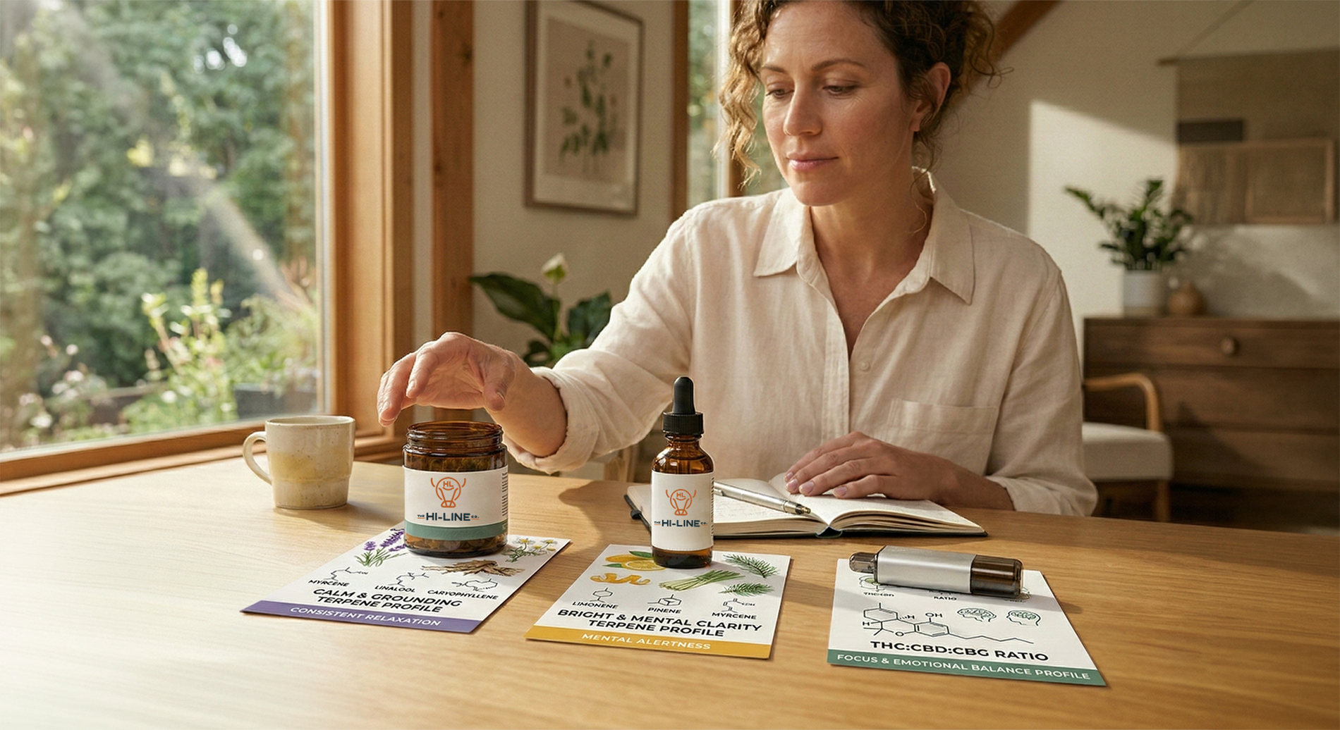A person seated at a wooden table interacting with three The Hi‑Line Co products, each placed on a card describing its terpene profile: a calming jar with myrcene, limonene, and camphene; a clarity‑focused tincture with linalool, pinene, and myrcene; and a vape pen associated with a THC:CBD:CBG ratio for focus and emotional balance, all in a bright room with plants, a mug, and a notebook.