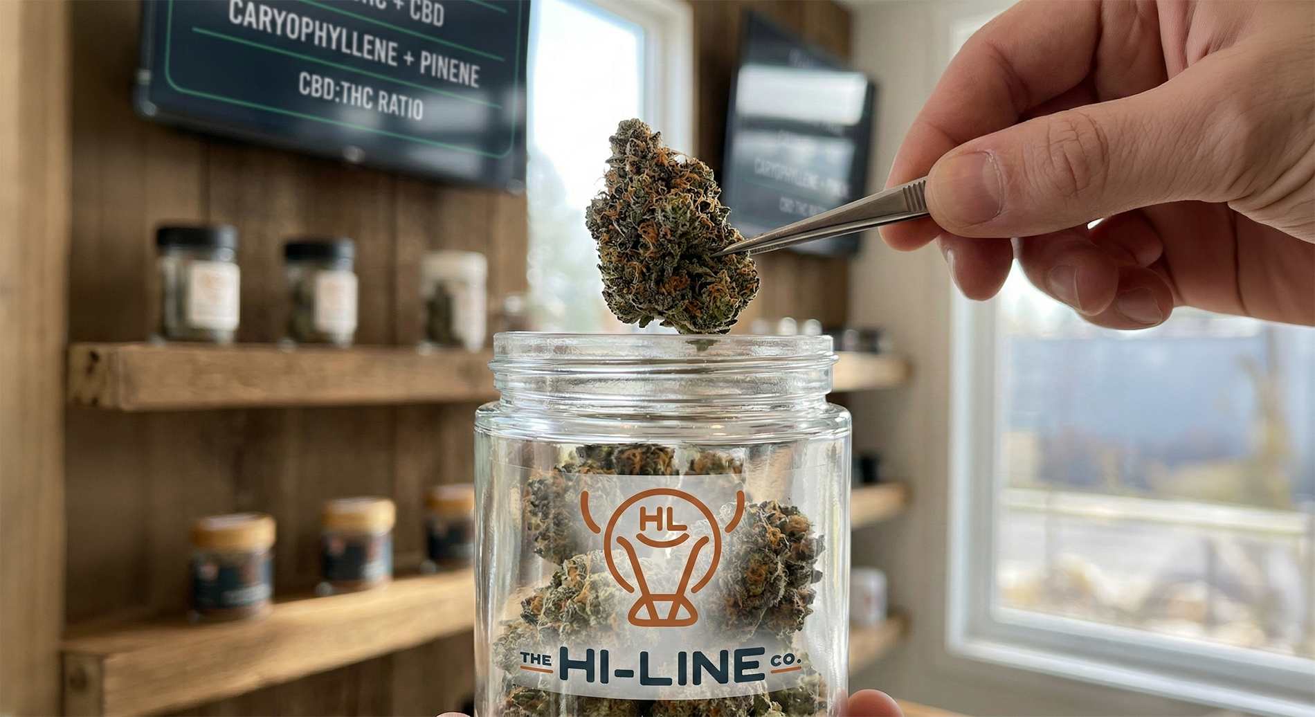 Hand using tweezers to lift a cannabis bud from a The Hi‑Line Co jar in a well‑lit dispensary with product shelves and terpene information displays in the background.