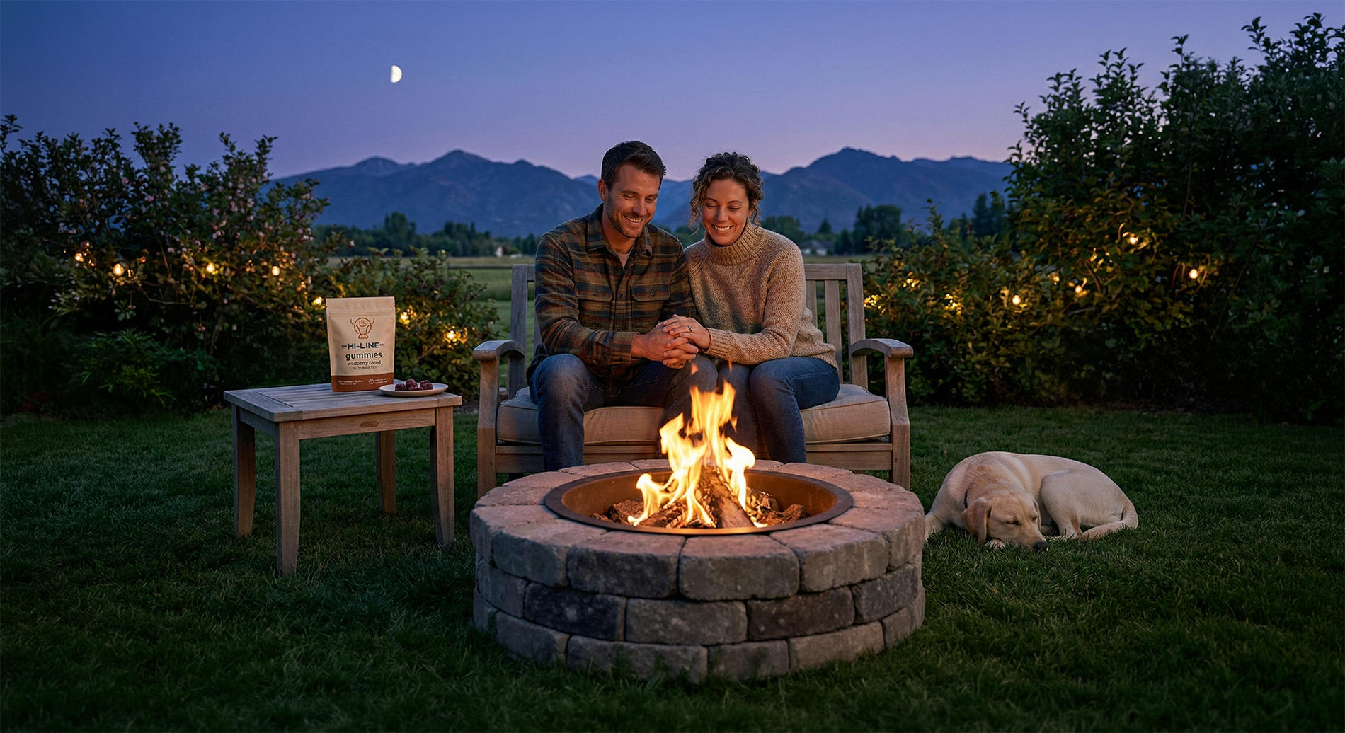 A couple sitting together by a fire pit at dusk with string lights and mountains in the background, holding hands while a yellow Labrador rests nearby, with a table displaying The Hi‑Line Co Cherry Lime gummies and a plate of gummies.