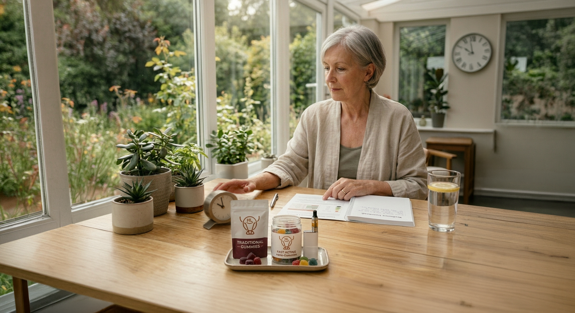 An older adult sitting at a wooden table with The Hi‑Line Co Traditional Gummies, Fast‑Acting Nano‑Gummies, and a Vape Direct cartridge arranged beside an onset‑timing guide, along with an hourglass, a clock, lemon water, a notebook, and potted plants in a bright room.