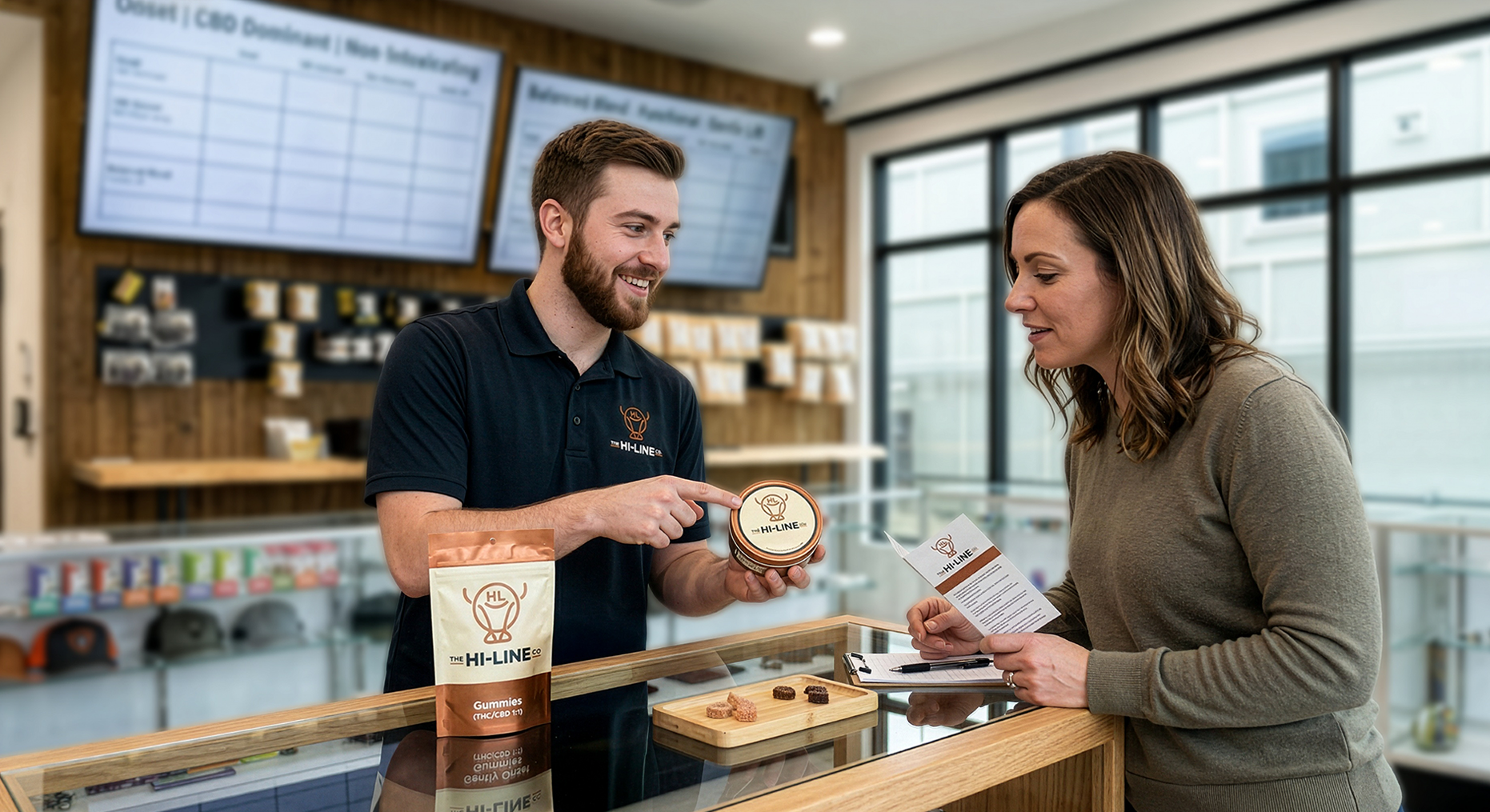 A The Hi‑Line Co employee in a black polo shirt showing a round branded container to a customer at a retail counter, with The Hi‑Line Co 1:1 THC/CBD gummies and gummy samples displayed nearby, and digital product menus visible in the background.