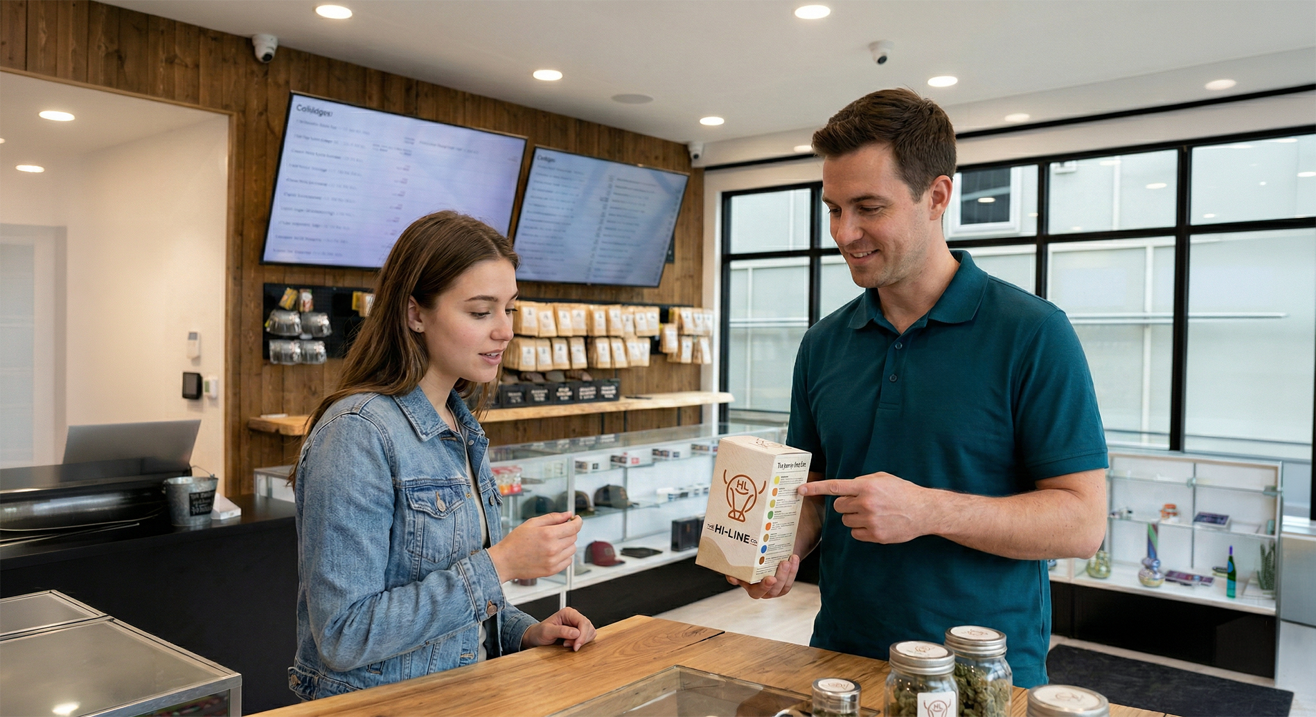 A customer speaking with a The Hi‑Line Co employee who is holding a product box and pointing out details, inside a bright retail space with shelves, display cases, and digital product menus.