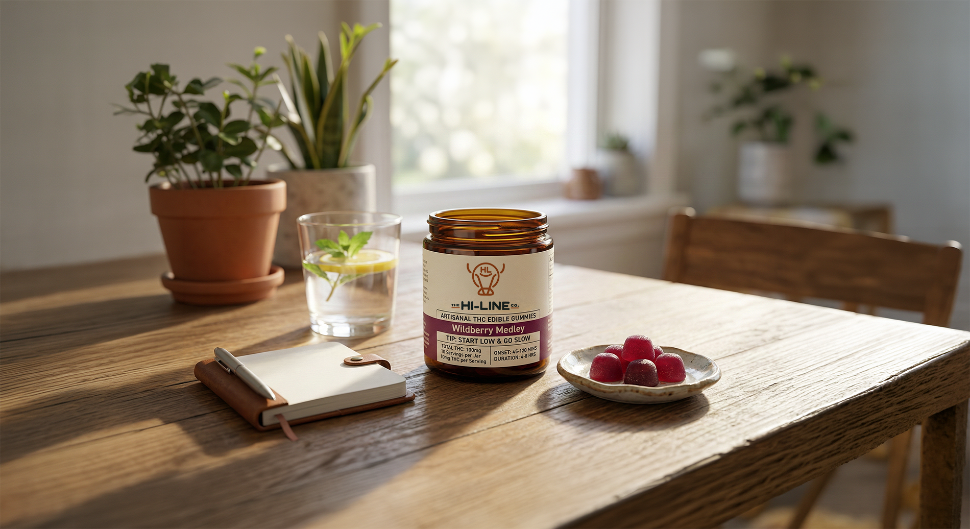 A jar of The Hi‑Line Co Artisanal THC Edible Gummies in Wildberry Medley displayed on a wooden table with a dish of red gummies, a glass of lemon‑mint water, and a notebook, set in a bright room with plants and wooden chairs.