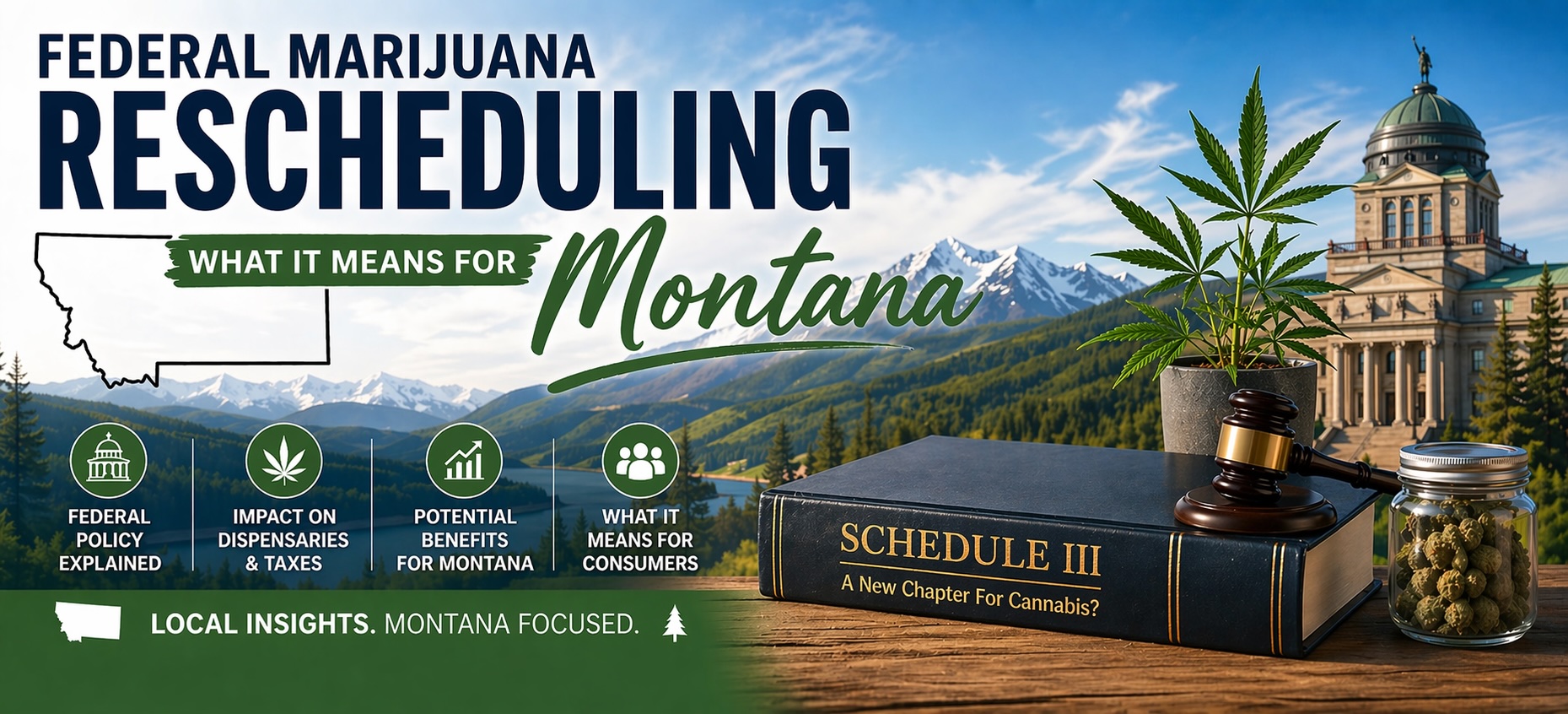 Wide banner showing Montana mountains and state capitol with cannabis plant, gavel, and a book labeled “Schedule II – A New Chapter for Cannabis?” representing federal marijuana rescheduling and its impact on Montana