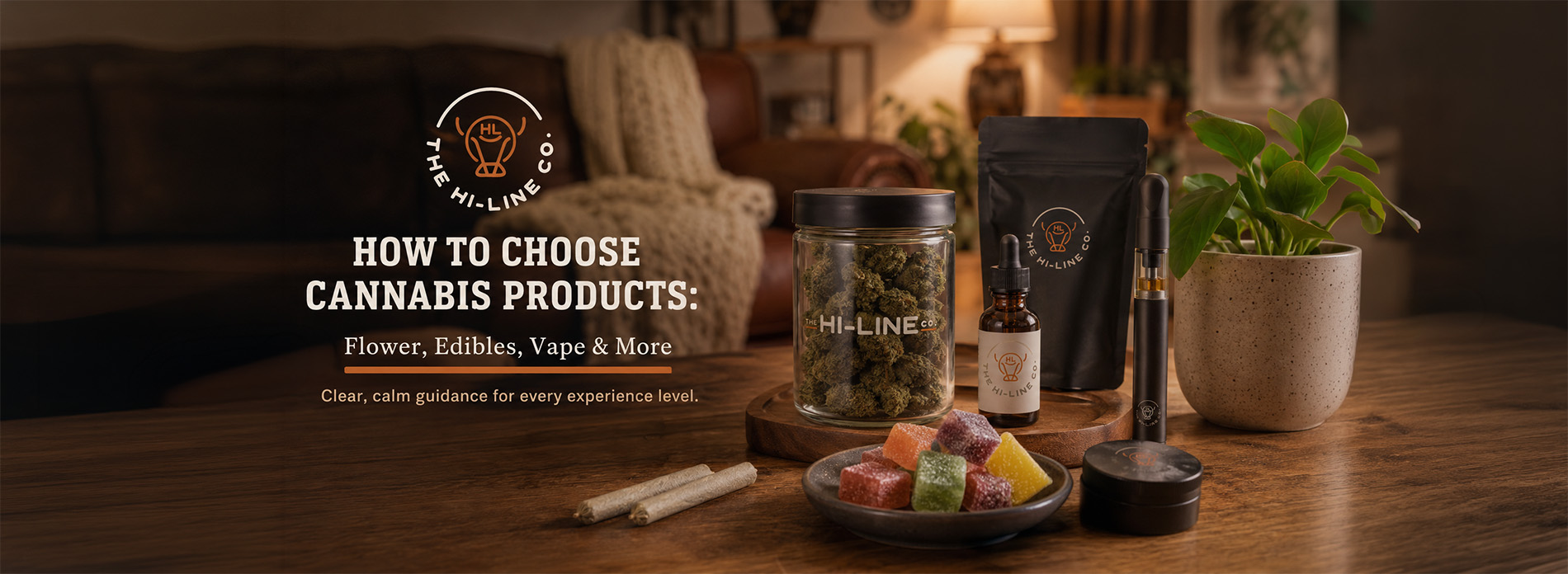 A warm, inviting scene featuring The Hi‑Line Co. cannabis products including flower in a glass jar, gummies, tincture, vape pen, and pre‑rolls on a wooden table, with cozy lighting and the text “How to Choose Cannabis Products: Flower, Edibles, Vape & More.”