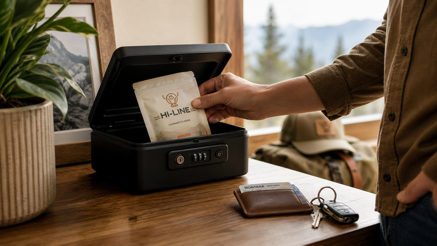 A person placing a The Hi‑Line Co. cannabis flower package into a black lockbox on a wooden table, with a wallet, keys, hat, framed mountain photo, and soft natural light creating a responsible‑storage lifestyle scene.