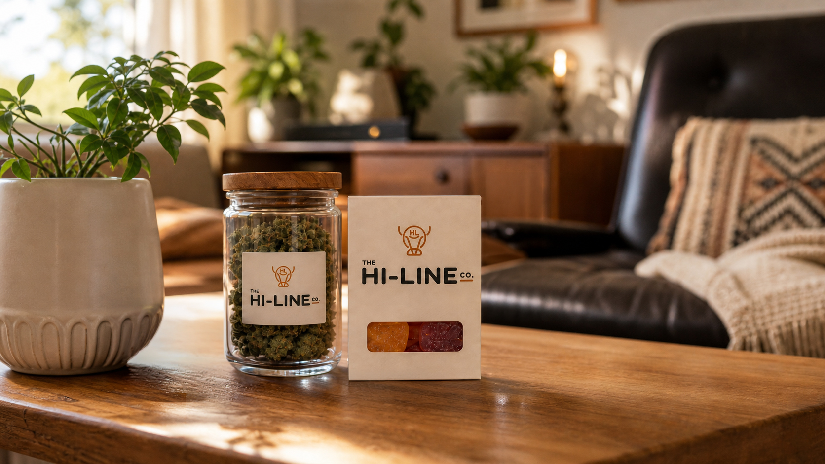 The Hi‑Line Co. cannabis flower jar and gummies displayed on a wooden coffee table beside a small plant, with a leather chair, blanket, and warm living‑room lighting in the background.