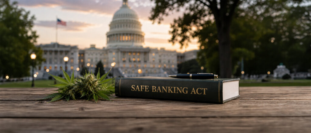 A book about the Safe Banking Act sitting next to a flower in front of a USA Capitol Building