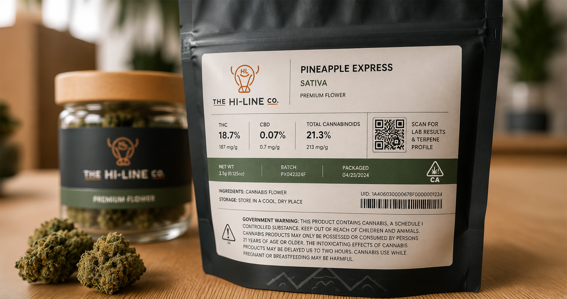 Close-up of Pineapple Express Sativa label showing THC, CBD, and cannabinoid percentages beside a jar of buds.