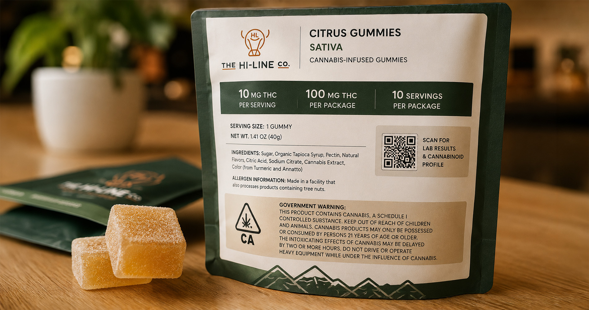 Citrus Gummies Sativa package with THC dosage details and two sugar-coated gummies on a wooden surface.
