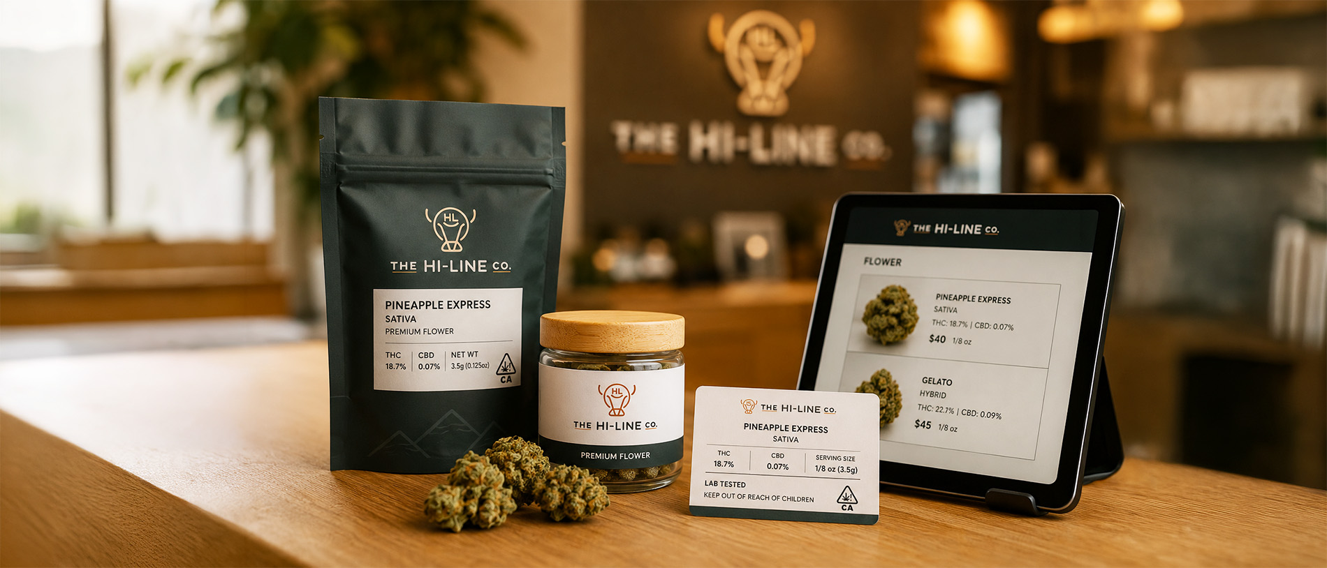 Hi‑Line Co Pineapple Express packaging, jar, and buds arranged beside a tablet showing product menu and pricing.