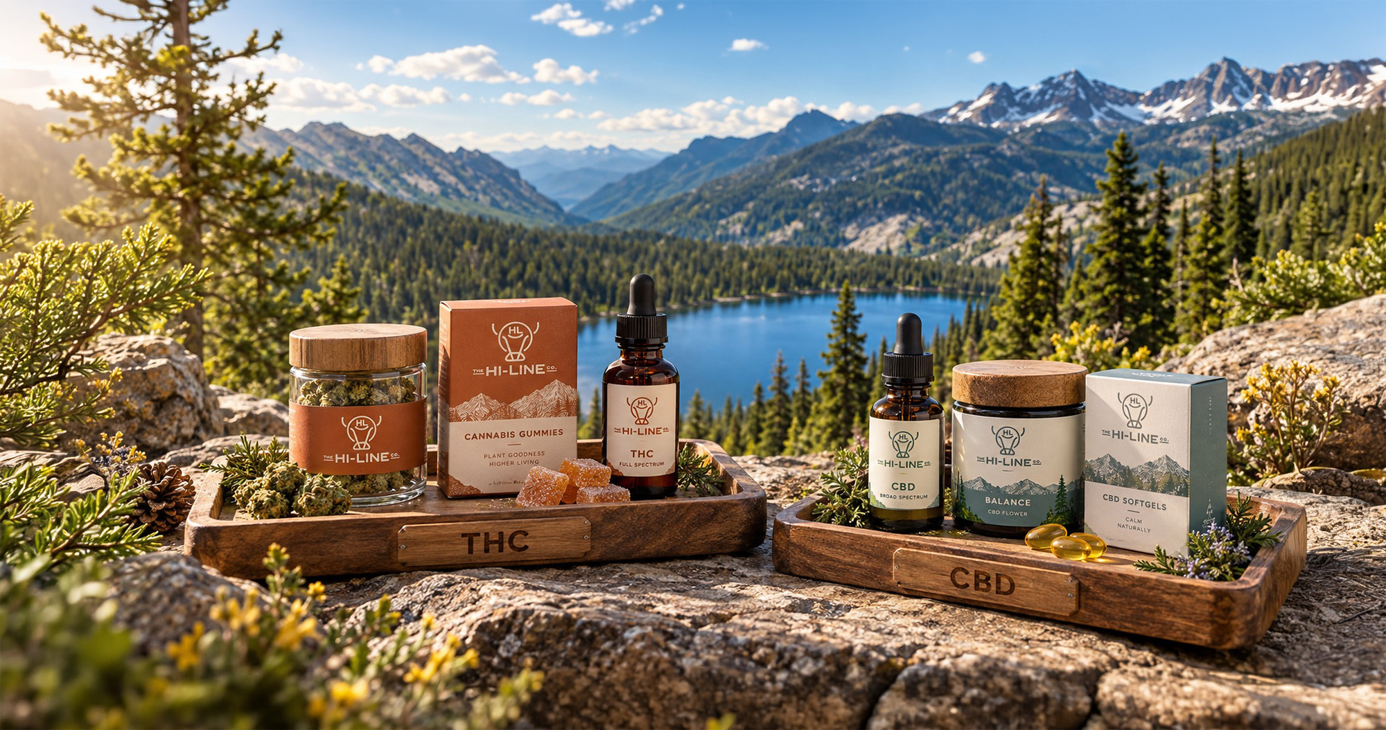 THC and CBD products from The Hi-Line Co. displayed on wooden trays overlooking Fish Lake in Montana Bitterroot Mountains