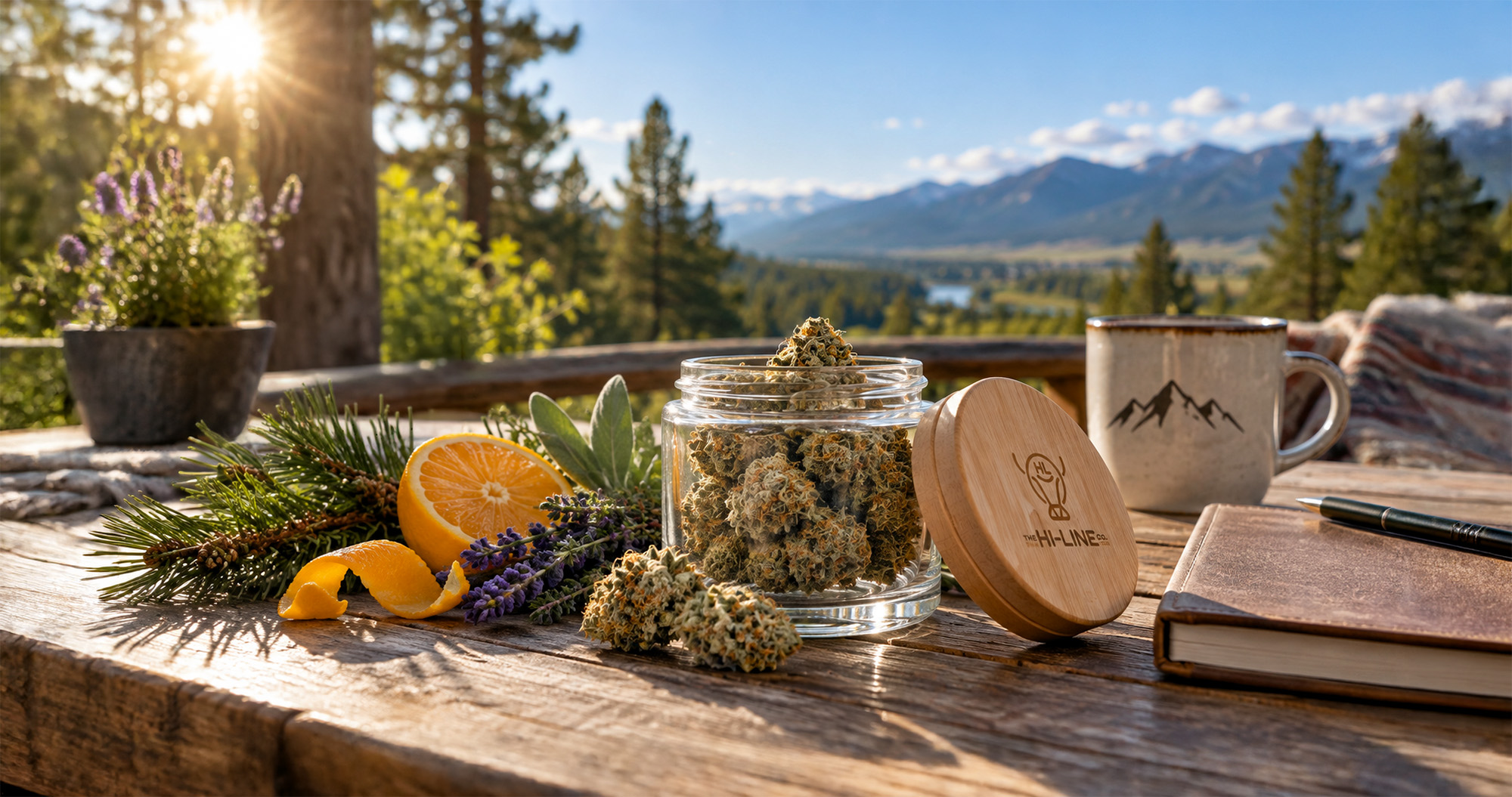 Cannabis flower from The Hi-Line Co. displayed with citrus, lavender, and pine on a rustic table overlooking the mountains